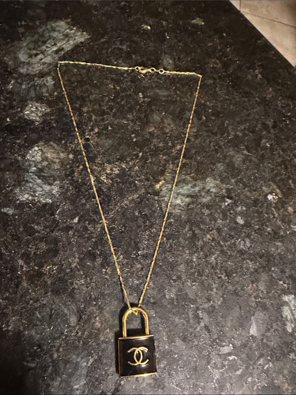 Gold Chain Necklace with Black Enamel Padlock Pendant